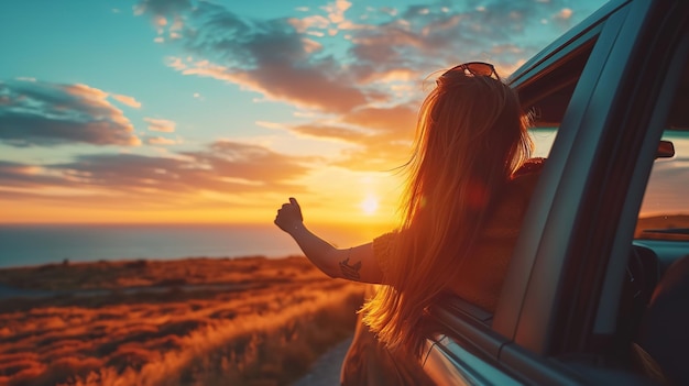 Une main de femme a été révélée dans la voiture lors d'un voyage sur la route au coucher du soleil.