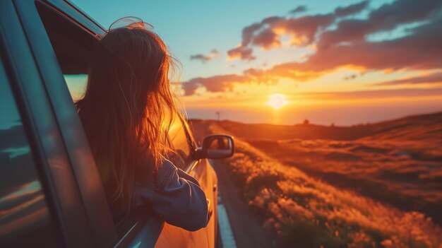 Une main de femme a été révélée dans la voiture lors d'un voyage sur la route au coucher du soleil.