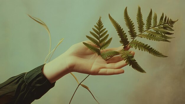 Photo la main d'une femme et une feuille de fougère l'homme et la nature