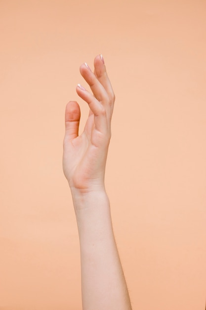 Photo main de femme avec fond orange pâle