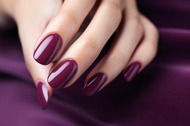 Main de femme glamour avec du vernis à ongles à baies profondes et à prunes sur les ongles Manicure à ongles avec du gel