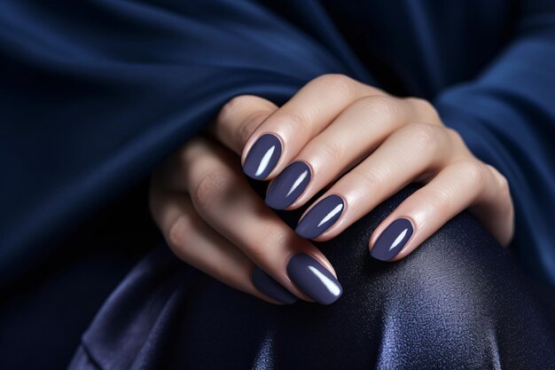 La main d'une femme glamour avec du vernis à ongles bleu marine sur ses ongles Manicure à ongles marine avec du vernes à gel