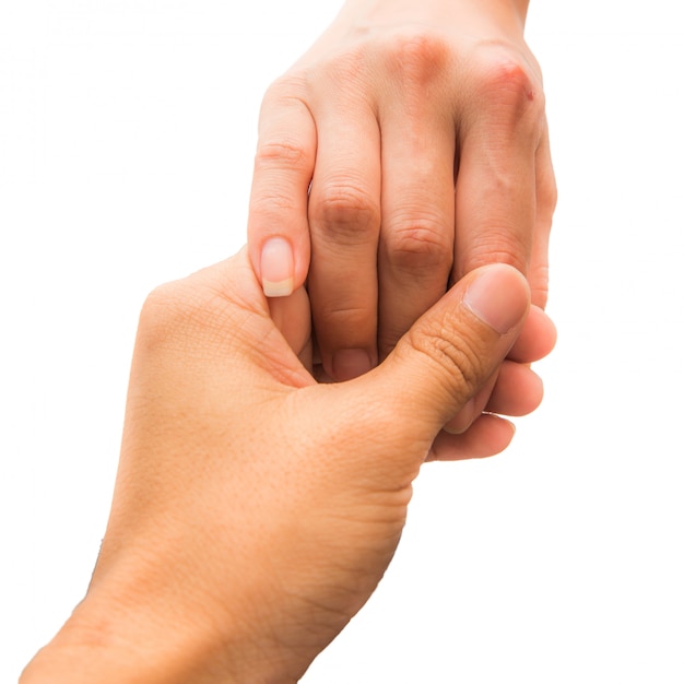 Main de femme et main d'homme tenir ensemble sur blanc isolé