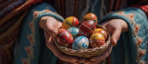 main de femme avec des œufs peints dans un panier de Pâques œufs de couleur