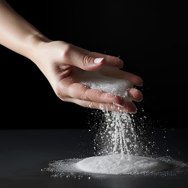 main de femme avec une pincée de sel sur fond blanc