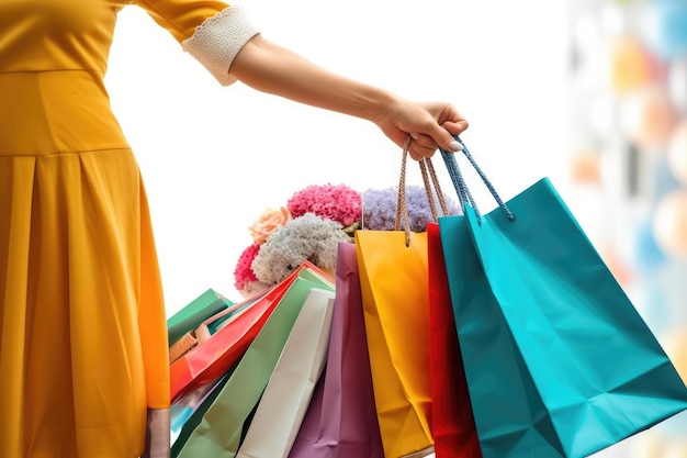 La main d'une femme portant un tas de sacs à provisions colorés