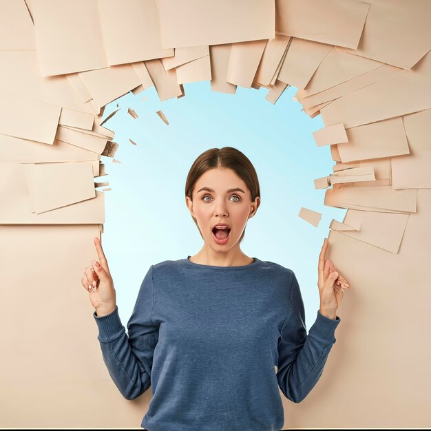 La main de la femme en pull bleu brise le mur de papier et pointe vers l'espace de copie