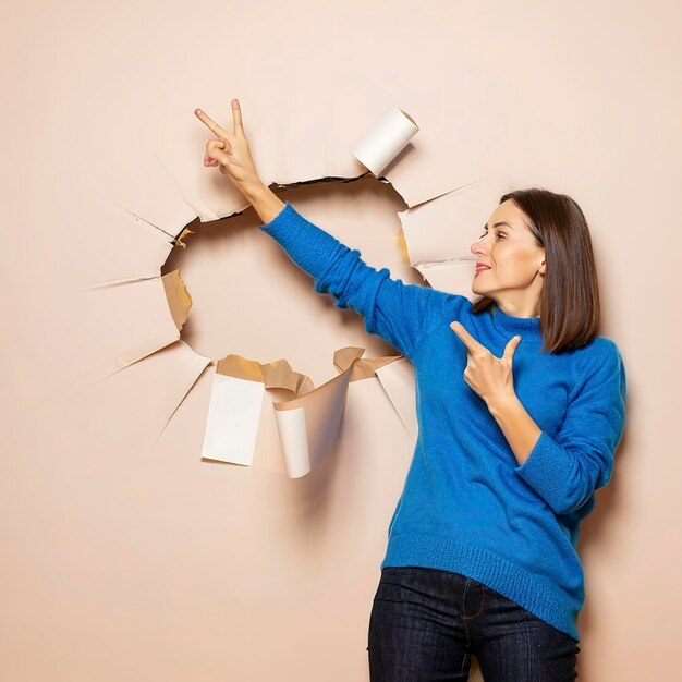 Photo la main de la femme en pull bleu brise le mur de papier et pointe vers l'espace de copie