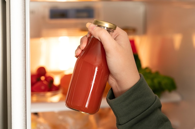 une main de femme sort une bouteille en verre avec du jus rouge du réfrigérateur