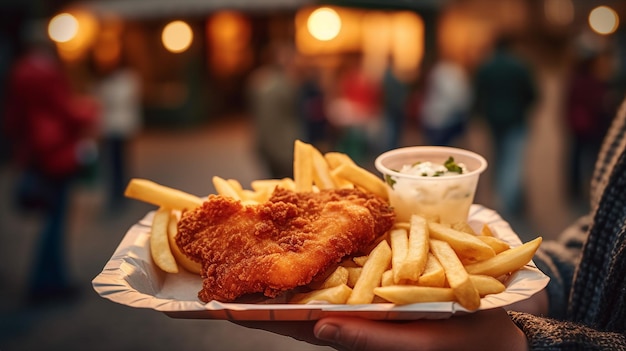 Une main de femme tenant une assiette de frites et de schnitzel lors d'un festival de rue