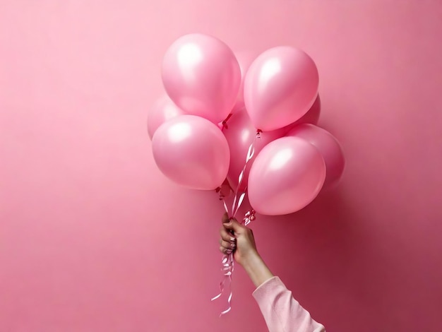 La main d'une femme tenant des ballons roses avec des pourcentages sur fond rose Vente minimale et réduction