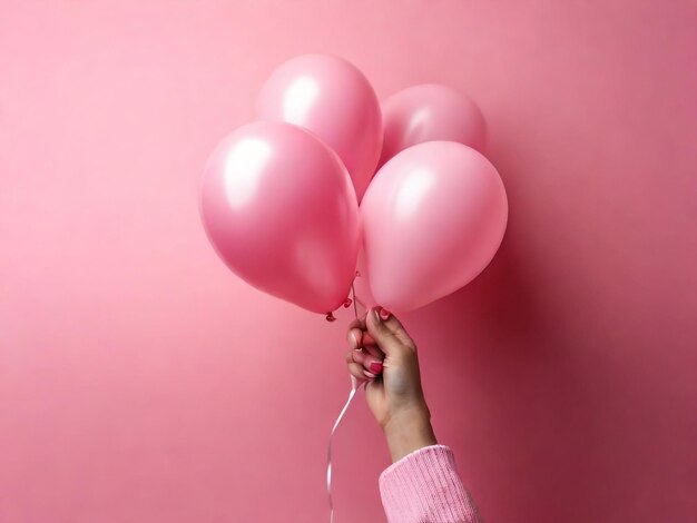 La main d'une femme tenant des ballons roses avec des pourcentages sur fond rose Vente minimale et réduction