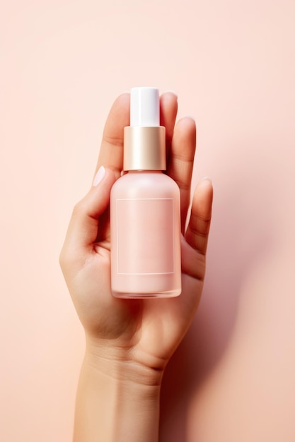 Main de femme tenant une bouteille de lotion de soin de la peau ou de tonique Concept cosmétique biologique naturel