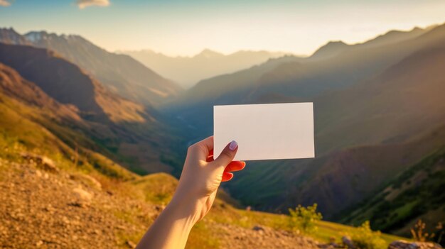 La main d'une femme tenant une carte blanche sur le fond d'un paysage panoramique d'été avec des montagnes et un ciel bleu ensoleillé au coucher du soleil Concept de mise en page pour une invitation de voyage de carte postale Généré par l'IA