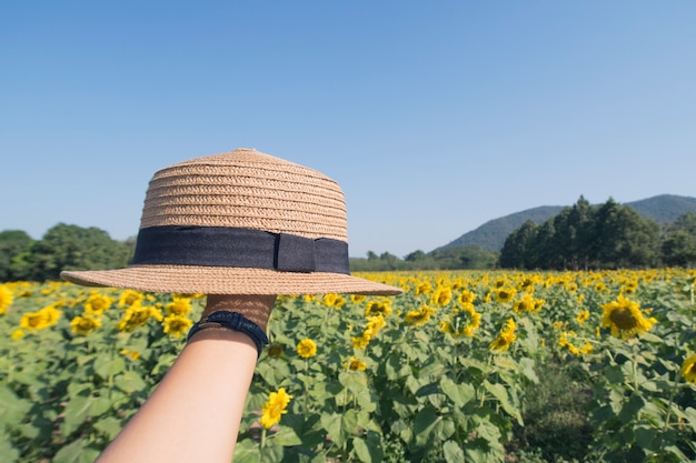 main de femme tenant un chapeau dans le fond de champ de tournesols.