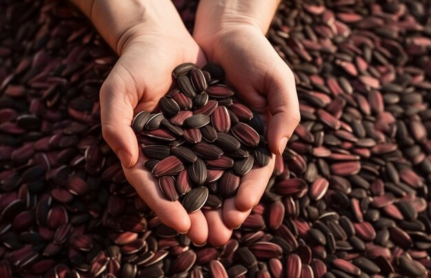 La main d'une femme tenant du riz rouge sur un fond de riz brun