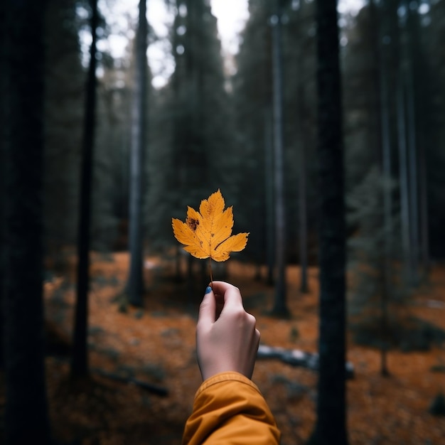 Main de femme tenant une feuille d'automne jaune sur fond IA générative