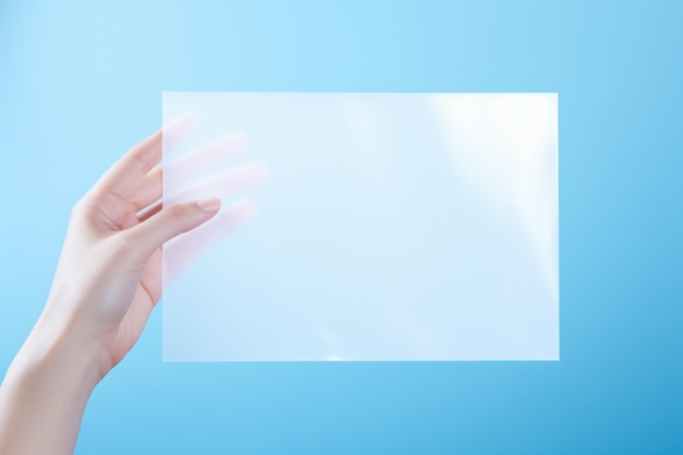 Main de femme tenant une feuille de plastique transparente sur fond bleu