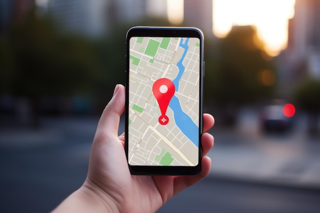 Main de femme tenant une grande icône rouge GPS sur la carte du smartphone sur fond de ville