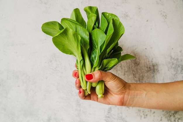 Photo main de femme tenant des légumes de bettes