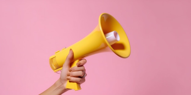 Main de femme tenant un mégaphone rose pour l'annonce Espace de copie de texte Art génératif ai