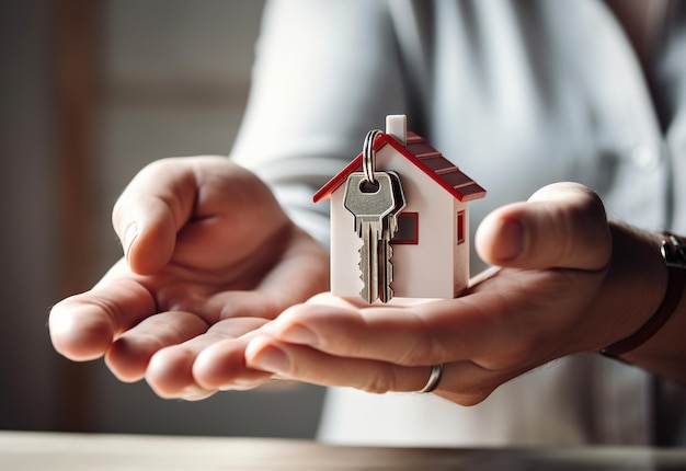 La main d'une femme tenant une petite maison neuve et la clé de la maison des rêves prêts hypothécaires banques immobiliers