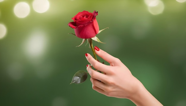 La main d'une femme tenant une seule rose rouge sur un fond bokeh vert