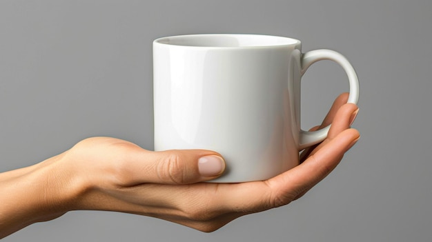 la main de la femme tenant une tasse blanche de 8 oz avec une main tenant la poignée copie de la bannière spatiale