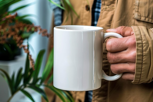 la main de la femme tenant une tasse blanche de 8 oz avec une main tenant la poignée copie de la bannière spatiale