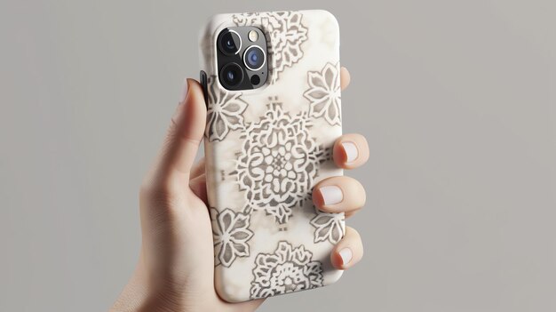 Une main de femme tenant un téléphone avec un beau motif floral sur le dos L'arrière-plan est une couleur neutre simple