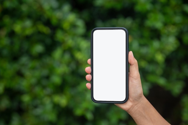 Main de femme tenant un téléphone avec un blanc