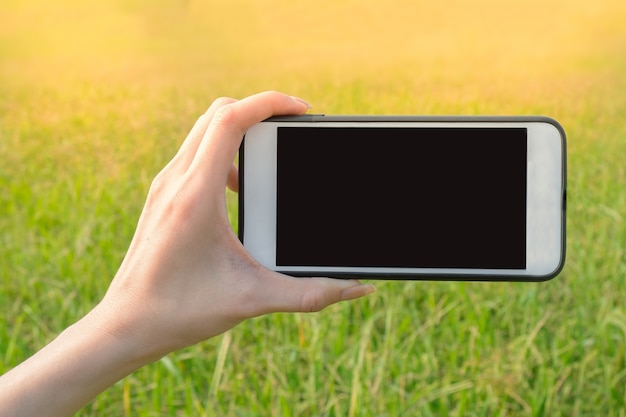 Main de femme tenant la vue de paysage de smartphone dans le fond de ferme de l&#39;herbe verte.