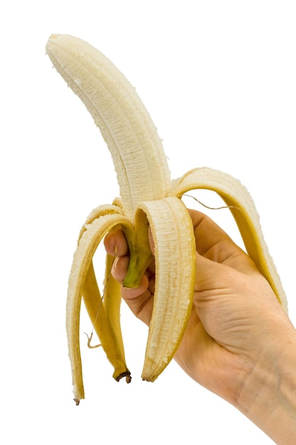 La main de la femme tient une banane isolée sur un fond blanc