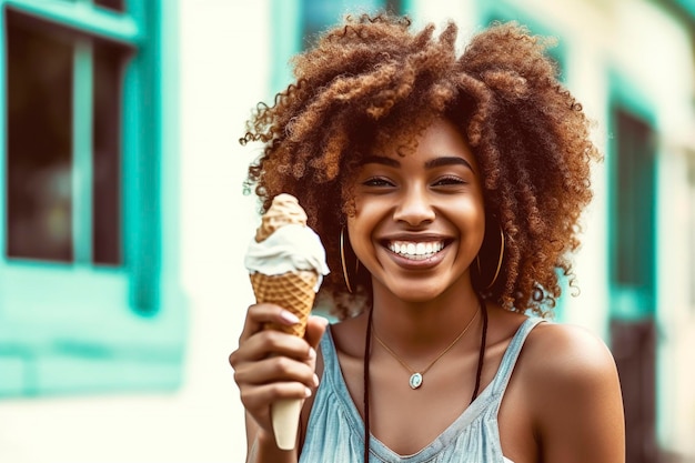 La main de la femme tient une boule de crème glacée dans un cône de crême glacée rafraîchissante et saine