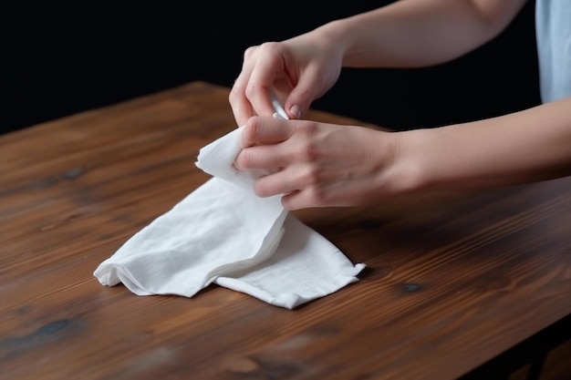 Une main de femme tient un chiffon blanc sur la table