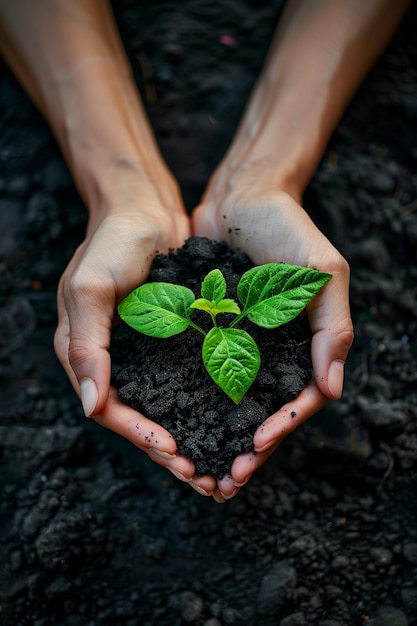 La main d'une femme tient une jeune plante verte qui se prépare à planter sur le sol pour le concept de monde.
