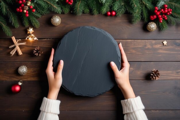 Photo la main de la femme tient la pierre ronde en ardoise noire sur fond de bois avec une décoration de noël