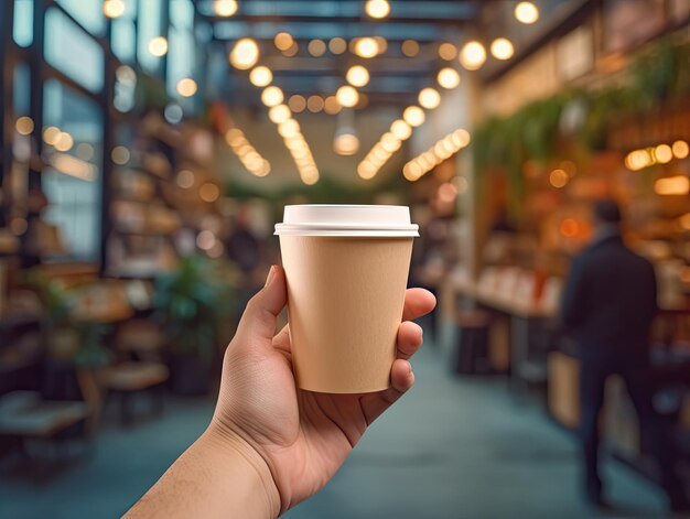 La main de la femme tient une tasse de café à emporter en papier sur le fond d'un café ou d'un restaurant