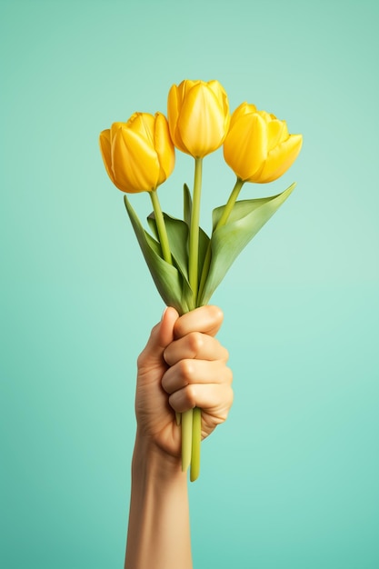 La main d'une femme tient des tulipes jaunes sur un fond vert clair