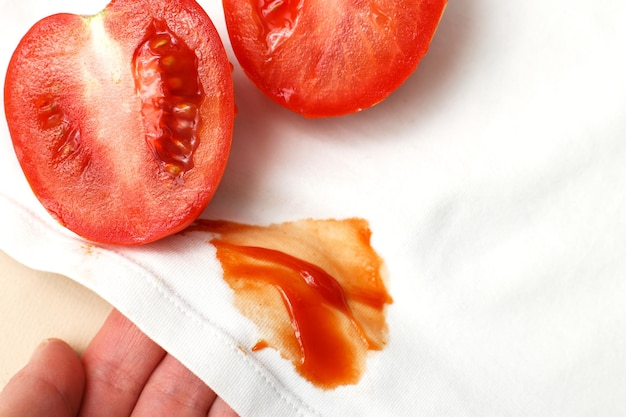 La main de la femme tient des vêtements de chemise blanche avec des tomates et une tache de ketchup