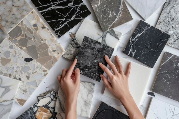 Photo une main de femme touchant divers échantillons de matériaux de marbre et de carreaux sur la table