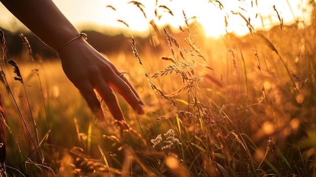 Main de femme touchant les hautes herbes Une fille se promène dans le champ