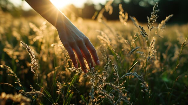 La main d'une femme touchant l'herbe haute La fille marche à travers le champ