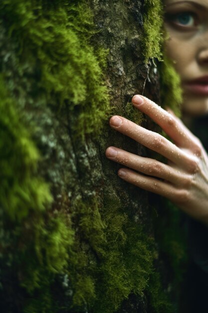 Photo la main d'une femme touche un arbre couvert de mousse.