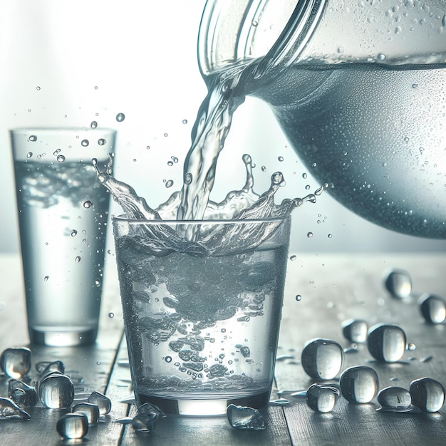 La main d'une femme versant de l'eau fraîche d'une cruche dans un verre sur un fond flou blanc