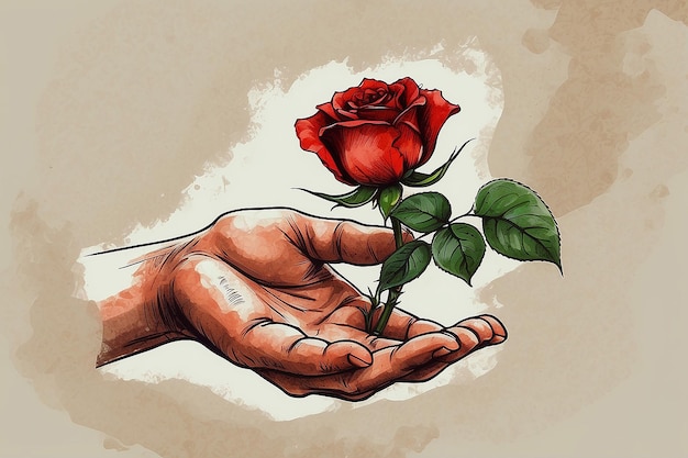 La main avec une fleur de rose rouge à l'encre dessinée à la main et un croquis à l'aquarelle