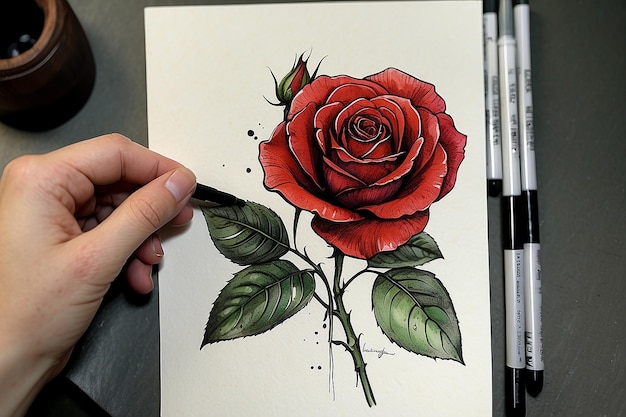 La main avec une fleur de rose rouge à l'encre dessinée à la main et un croquis à l'aquarelle