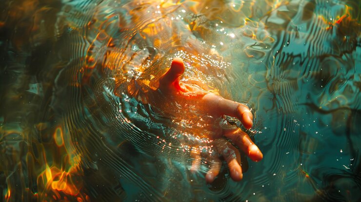 Photo une main flotte dans l'eau avec le soleil qui brille dessus