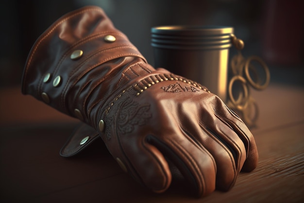 Une main avec un gant de cuir et une tasse de café