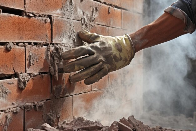 Une main gantée essuyant la poussière d'une brique sur un chantier de construction